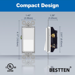 BESTTEN 10 Pack 3-Way Decorator Light Switch, 15A 120/277V, Single Pole or Three