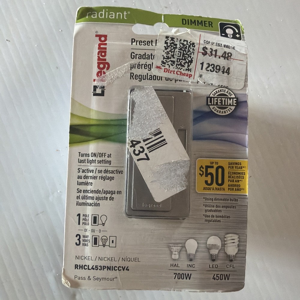 New, Sealed Legrand Radiant 450W Rocker Dimmer Switch, Nickel, RHCL453PNICCV4