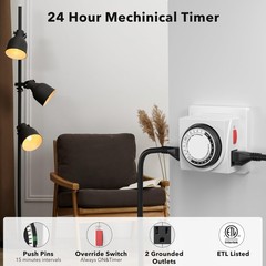 24 Hour Mechanical Timer Dual Outlet 3 Prong Accurate Indoor Lamps Fans White 18