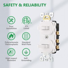 2Pack Double Toggle Switch 15 Amp 120V Combination Light SpaceSaving ETL White
