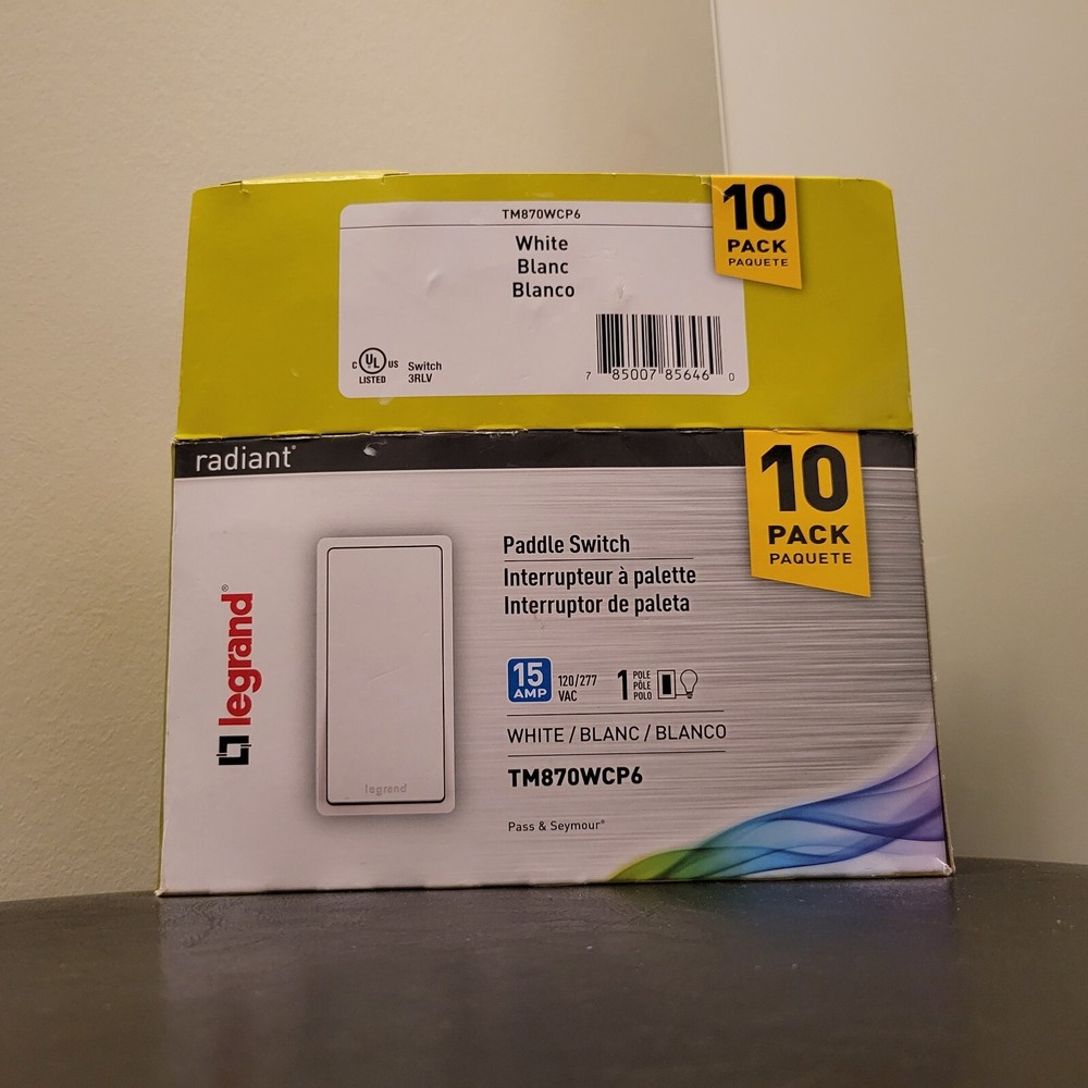 9 Pack Legrand Radiant 15 AMP Paddle Switch -WHITE- Model #TM870WCP6