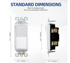 Single-Pole, Wall Light Switch, On/Off Rocker Paddle Switch, UL, 120V/277V/15A
