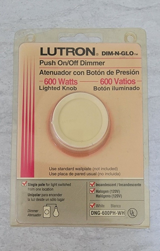 Lutron D-600PH-WH Rotary Dimmer Switch , Push On/Off Knob Locator Light NOS USA