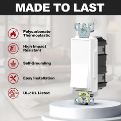 Single Pole Decorator Light Switch, 20A 120V-277V, Rocker Paddle Electrical Wall