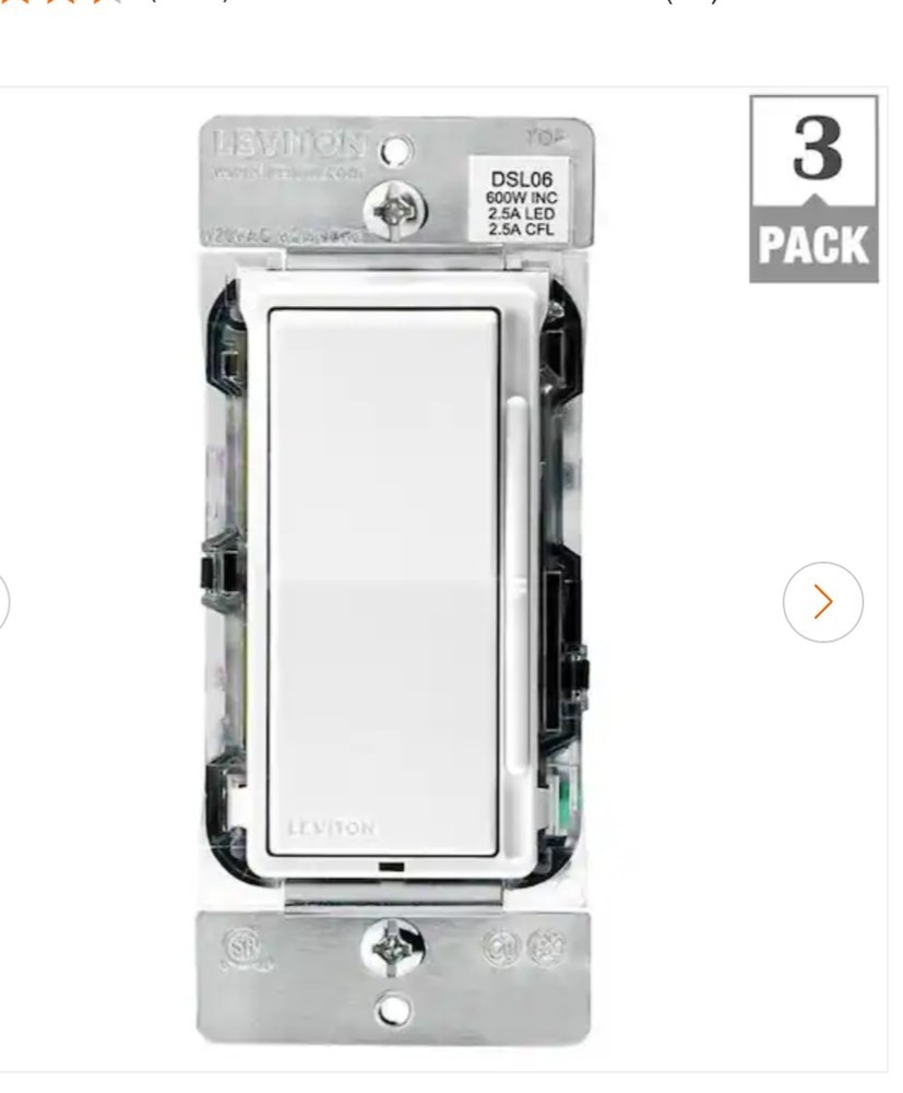 Leviton Decora+ DSL06-3PW Rocker Dimmer Switch with Slide Bar 3-Pack White 120V