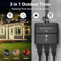 Outdoor Timer Outlet, Dusk-to-Dawn & Remote Control (100ft) – 3 Outlets&Remote