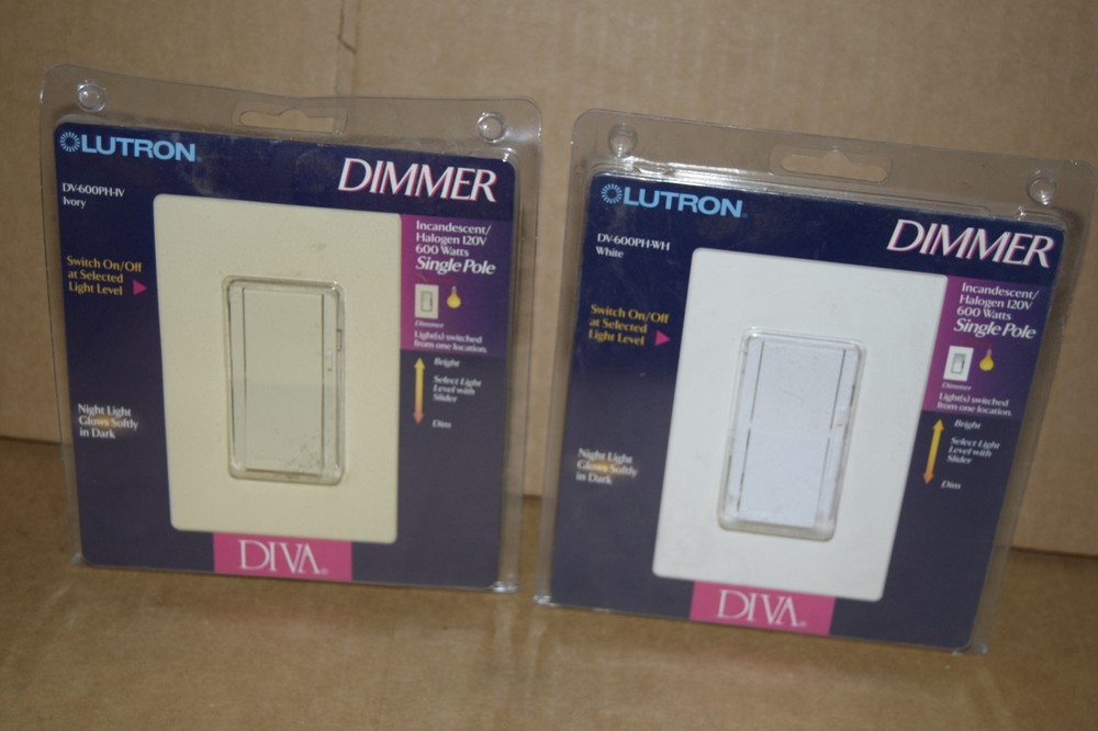 Lot of 2 Lutron DV-600P Glow in the Dark Single-Pole Dimmer Switches White Ivory