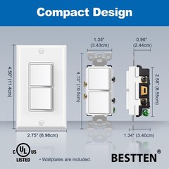 2 Pack Double Rocker Light Switch, Single Pole Combination Interrupter, 15A 1…