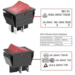 Heschen Rocker Switch ON-Off DPST 4 Terminals Red Light 16A 250VAC with red