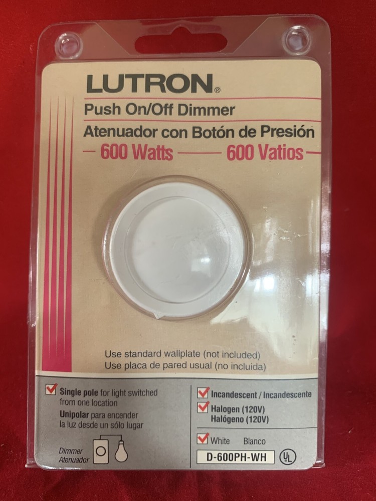 Lutron Push On/Off Dimmer, 600 Watts, D-600PH-WH (18H)