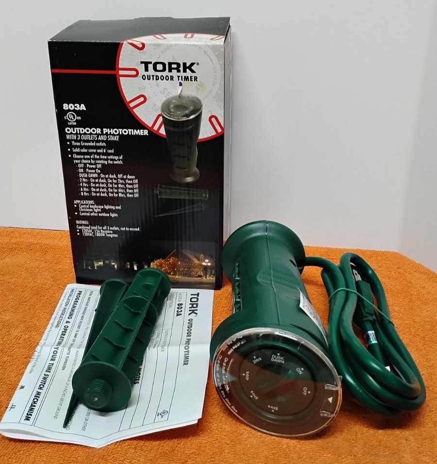Tork Outdoor Timer 803A 24-Hour Outdoor Phototimer w/ 3 outlets and Stake.