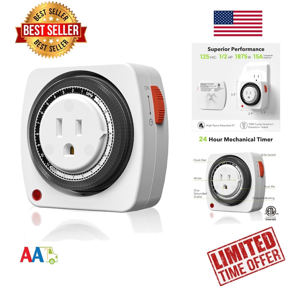 24-HOUR Plug-in Mechanical Timer 15-Min Intervals 3-Prong Heavy Duty