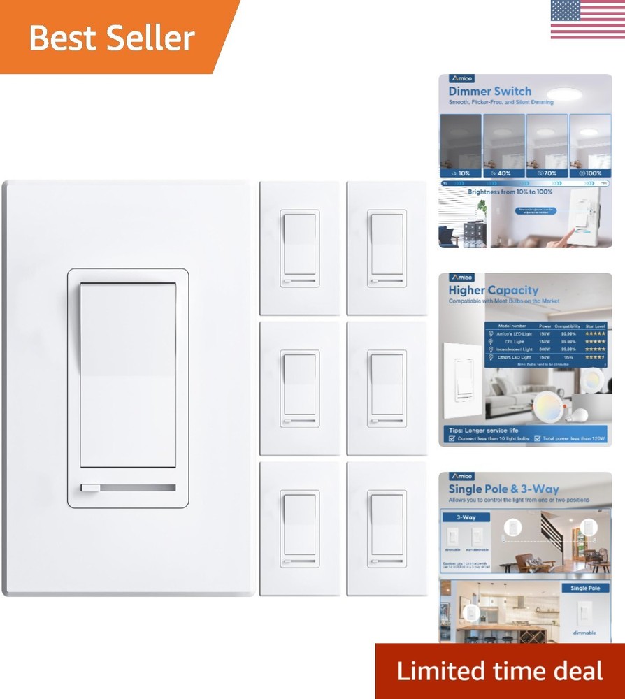 6 Pack Dimmer Light Switch, Single-Pole or 3-Way Slide Dimmer Switches for Le…