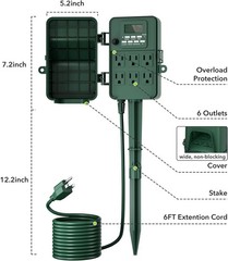 Outdoor Power Stake Timer 7 days Waterproof 6 Grounded Outlets Weatherproof