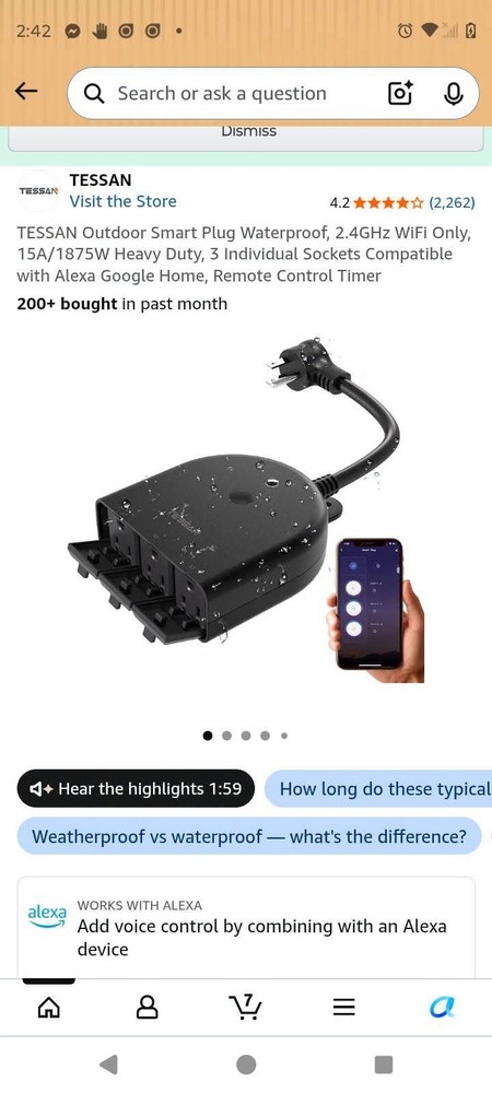 TESSAN Outdoor Smart Plug WiFi 3 Sockets Waterproof with Remote & Timer