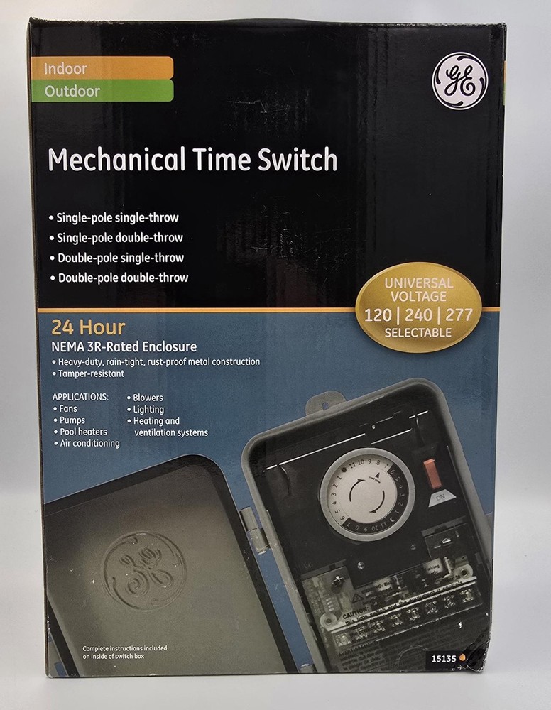 GE 15135 24-Hour Mechanical Time Switch 2HP Metal Indoor/Outdoor 48 On/Off