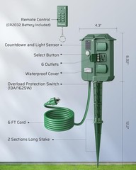 Outdoor Power Stake Timer with 6 Outlets, 100FT Remote Control, Waterproof, Dusk