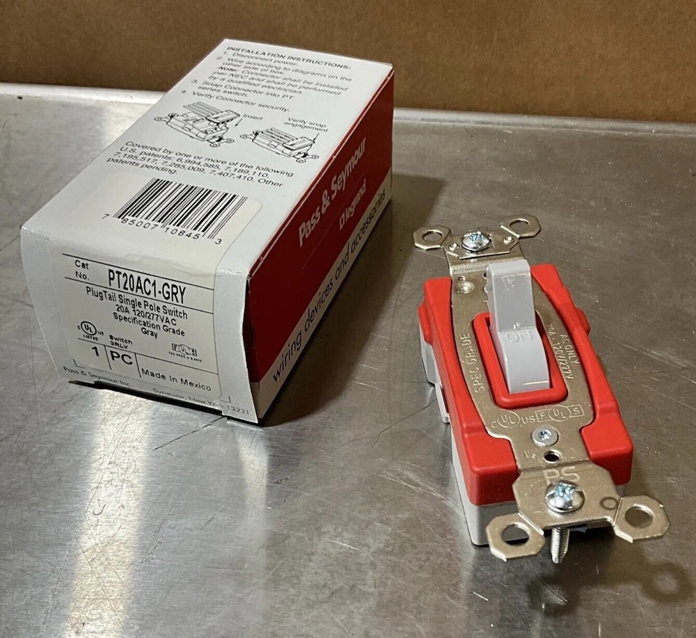 Pass Seymour Gray PlugTail Single Pole Toggle Switch INDUSTRIAL 20A PT20AC1-GRY