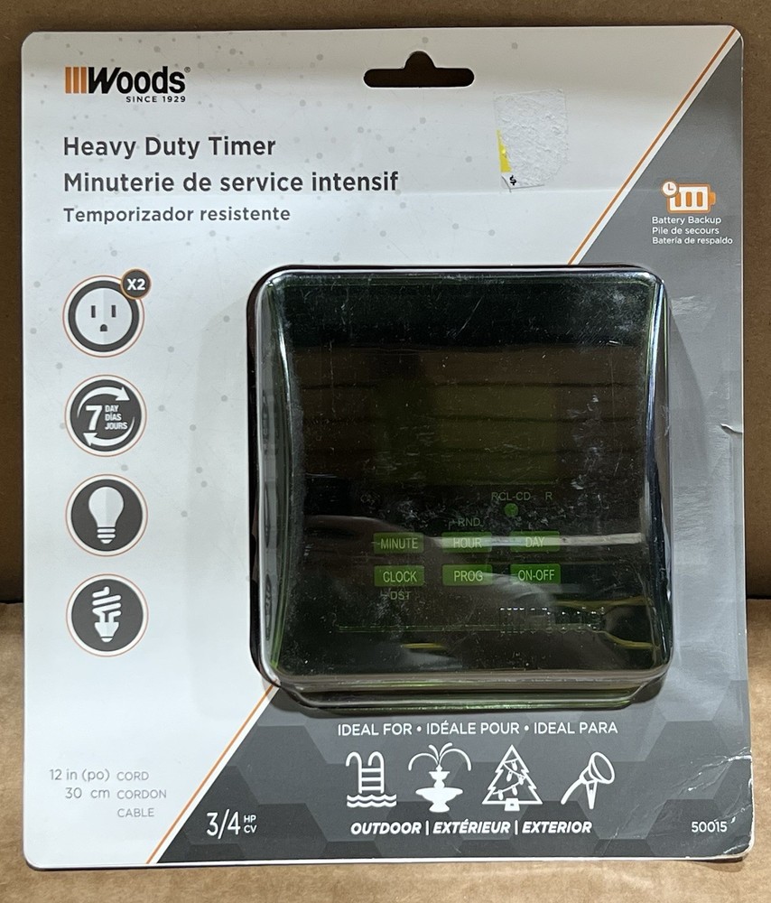 Woods 50015 Outdoor 7 Day Heavy Duty Timer Digital Plug In 2 Outlets NOS-Sealed