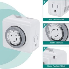 2 Pack 110-125V 3-Pin Mechanical Timer For Home Appliance 24-Hour Outlet Device