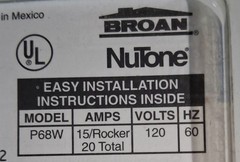 Broan NuTone P68W 2-Function Fan Control Double Rocker Wall Switch White 120V