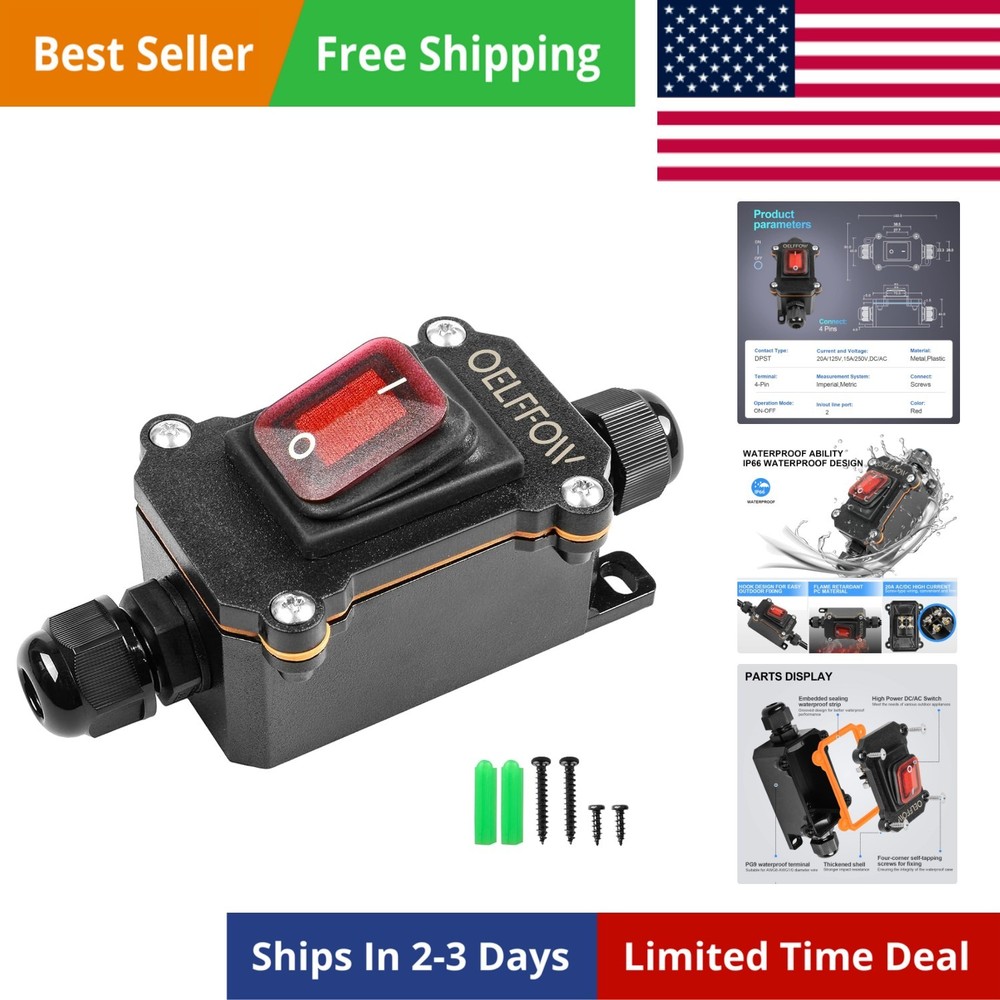 Waterproof On Off Toggle Switch Double Outlet with Red Light Rocker Button In…