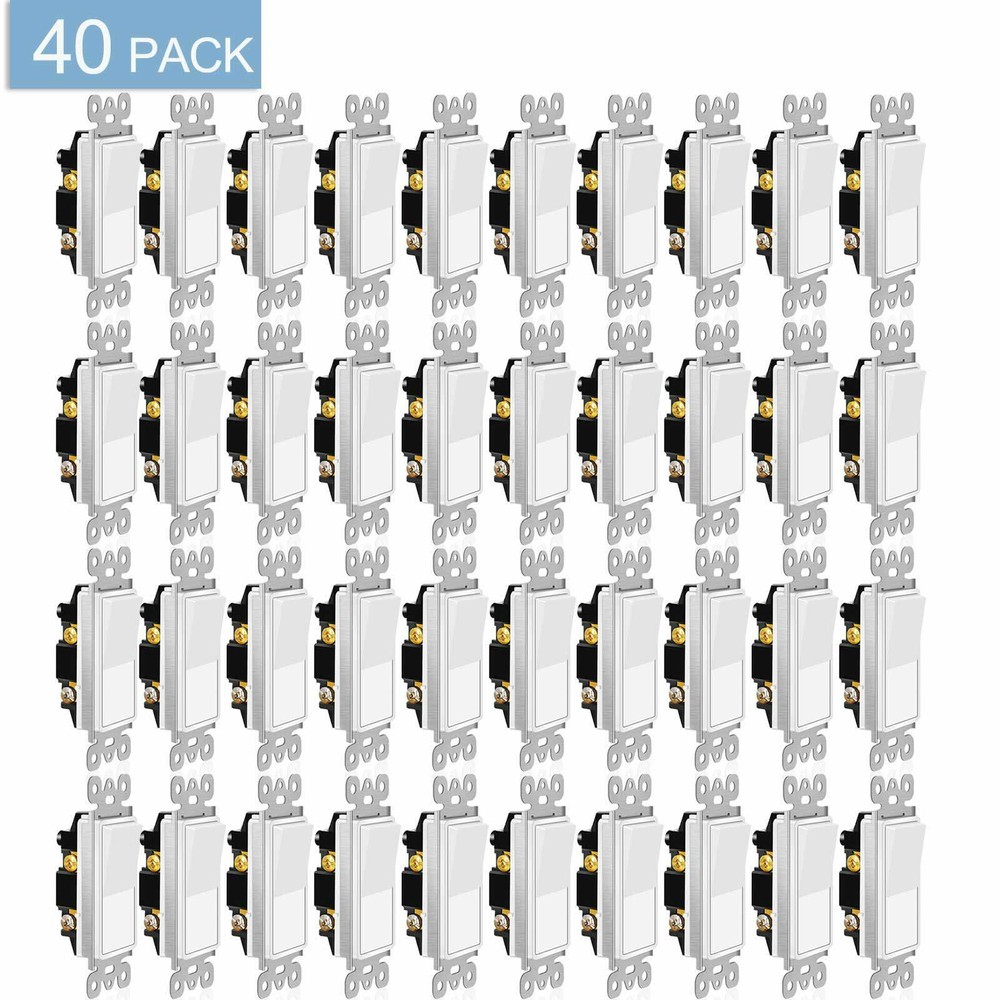 Decorator Wall Light Switch 15A Paddle Rocker Single Pole UL Listed White 40Pack