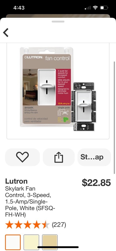 Lutron Skylark SFSQ-FH-WH 3-Speed Fan Control White