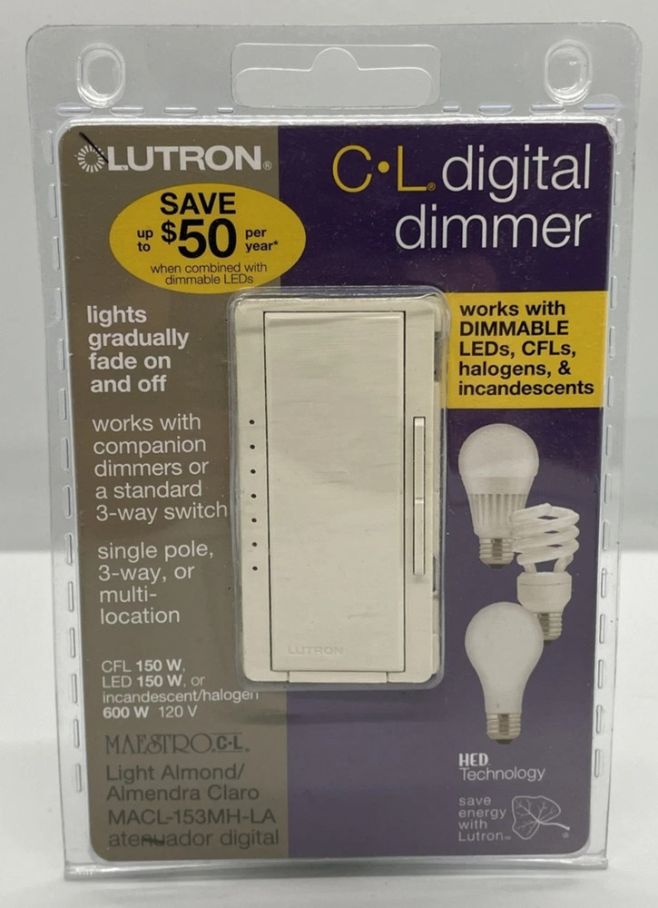 Lutron MAESTRO CL Digital Dimmer MACL-153MH-LA LED CFL Halogen Light Almond