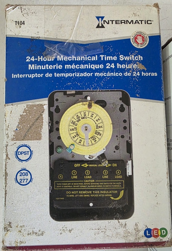 Intermatic T104 24 Hour Mechanical Timer Switch 208–277 VAC, DPST READ DESCRIP.