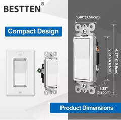 BESTTEN 10 Pack Single Pole Rockerr Light Switch with Wall plate, 15A 120/277V,