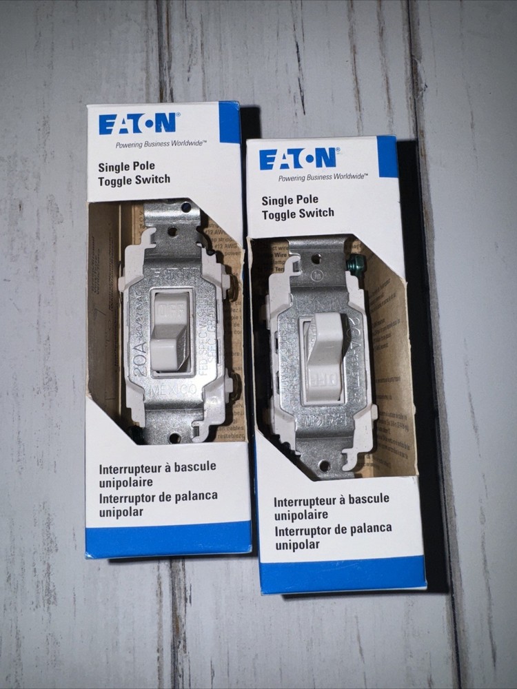 2 Eaton White Framed Toggle Wall Light Switch Single Pole 15A 120V Bulk 1301-7W