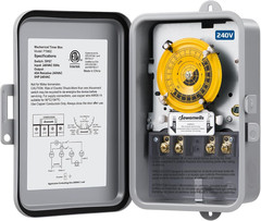 24-Hour Mechanical Timer Switch – 208-277VAC DPST, 5HP 40A, Metal Enclosure, Hea