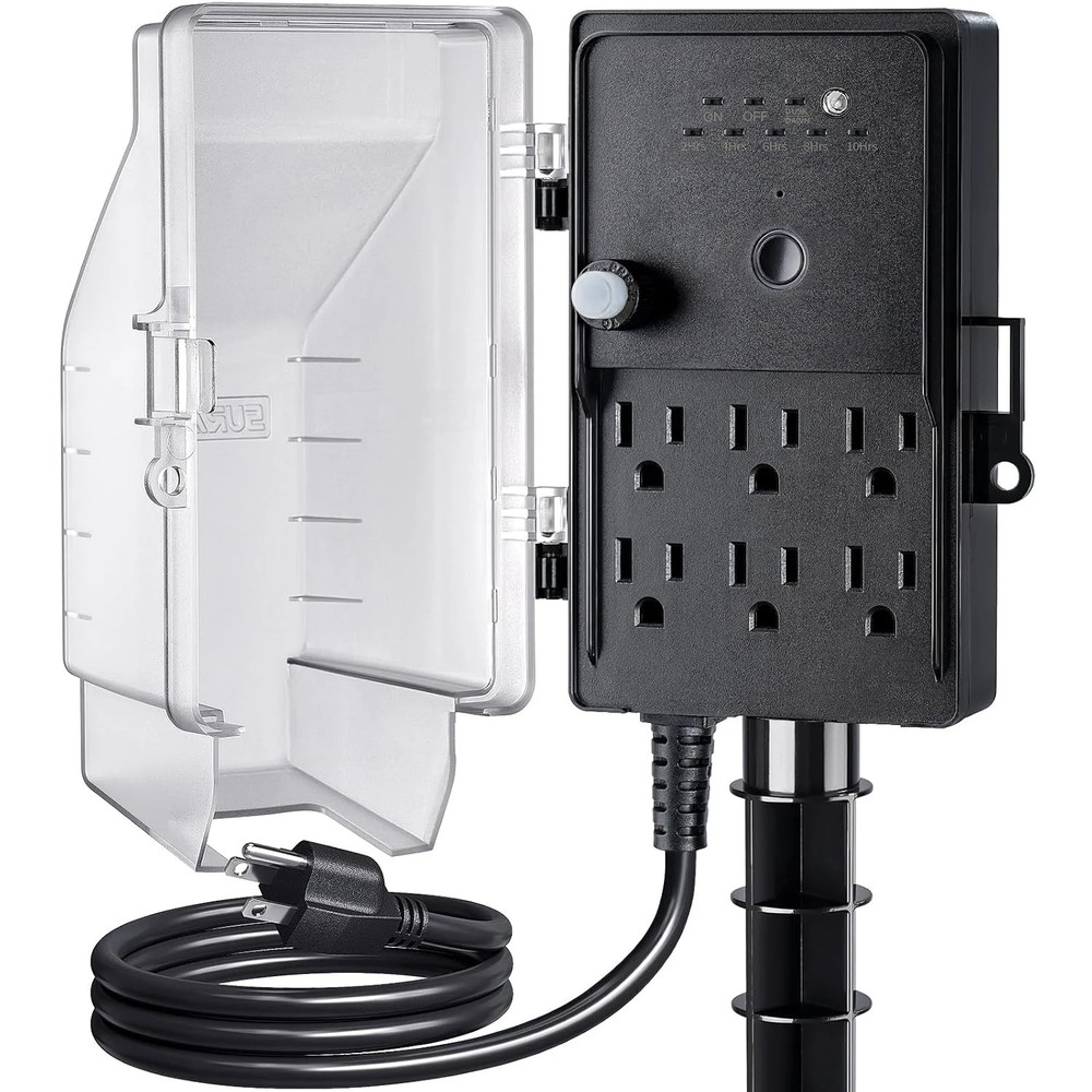 SURAIELEC Outdoor Power Stake Light Timer, Dusk to Dawn, 6 Electrical Outlet Pow