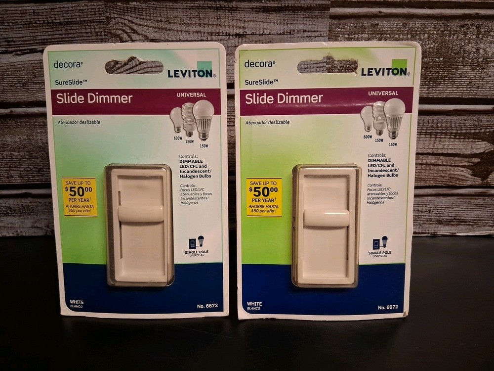Lot of 2 Leviton Decora SureSlide Universal Single-Pole Slide Dimmers 6672 White