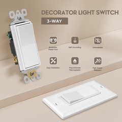 ECOELER 3Way Decorator Light Switch, Electrical Rocker Paddle Wall Switch Replac