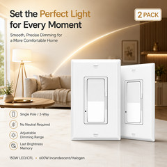 Dimmable LED Light Switch, 3-Way Single Pole, Adjustable Range, No Neutral 2PK
