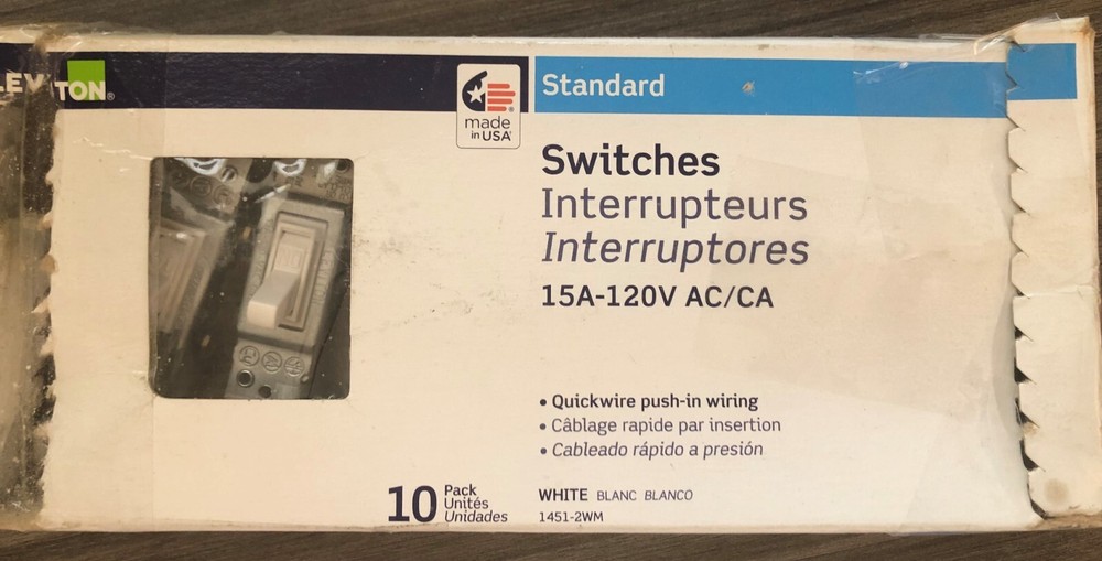 Leviton 1451-2WM 15 Amp, 120 Volt, Toggle Framed Single-Pole White (8 per box)