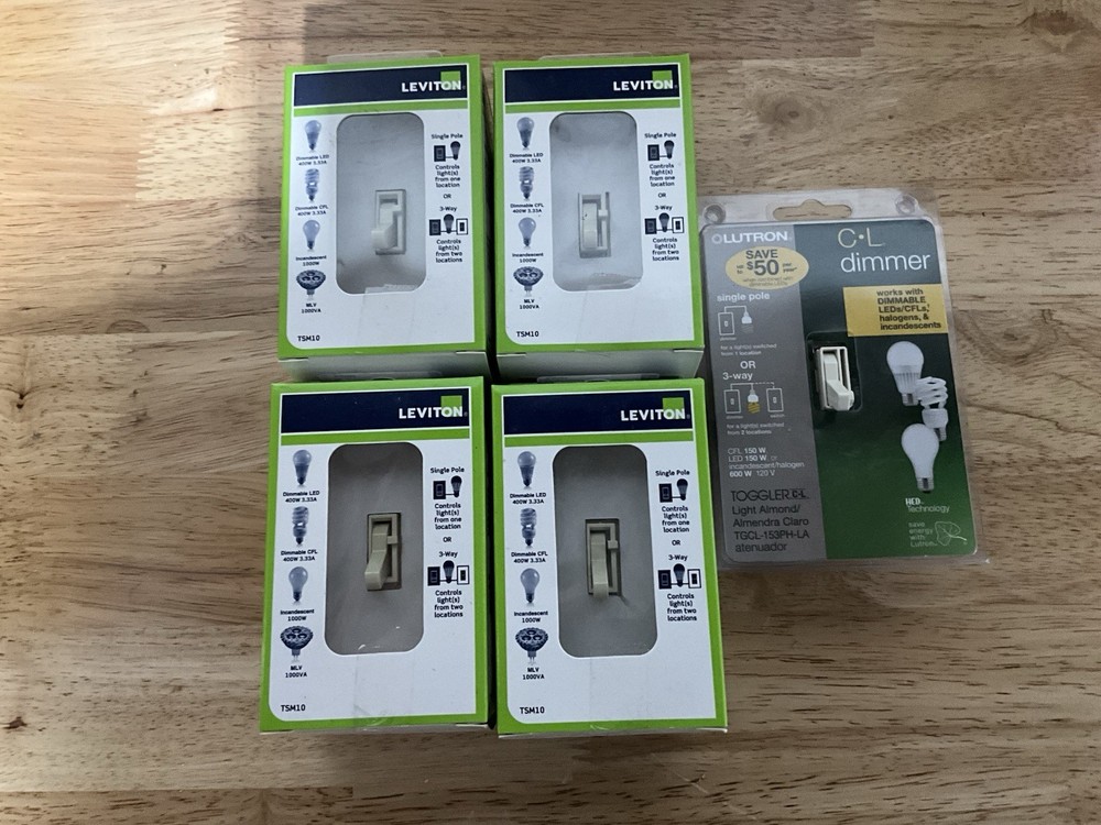 Lot Of 5 – NIB – 4 Leviton + 1 Lutron Toggle Dimmer Switch Slider Light Almond