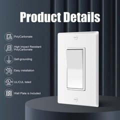 ThunderWay Single Pole Decorator Wall Light Switch with Wall Plate, 15A 120V/…