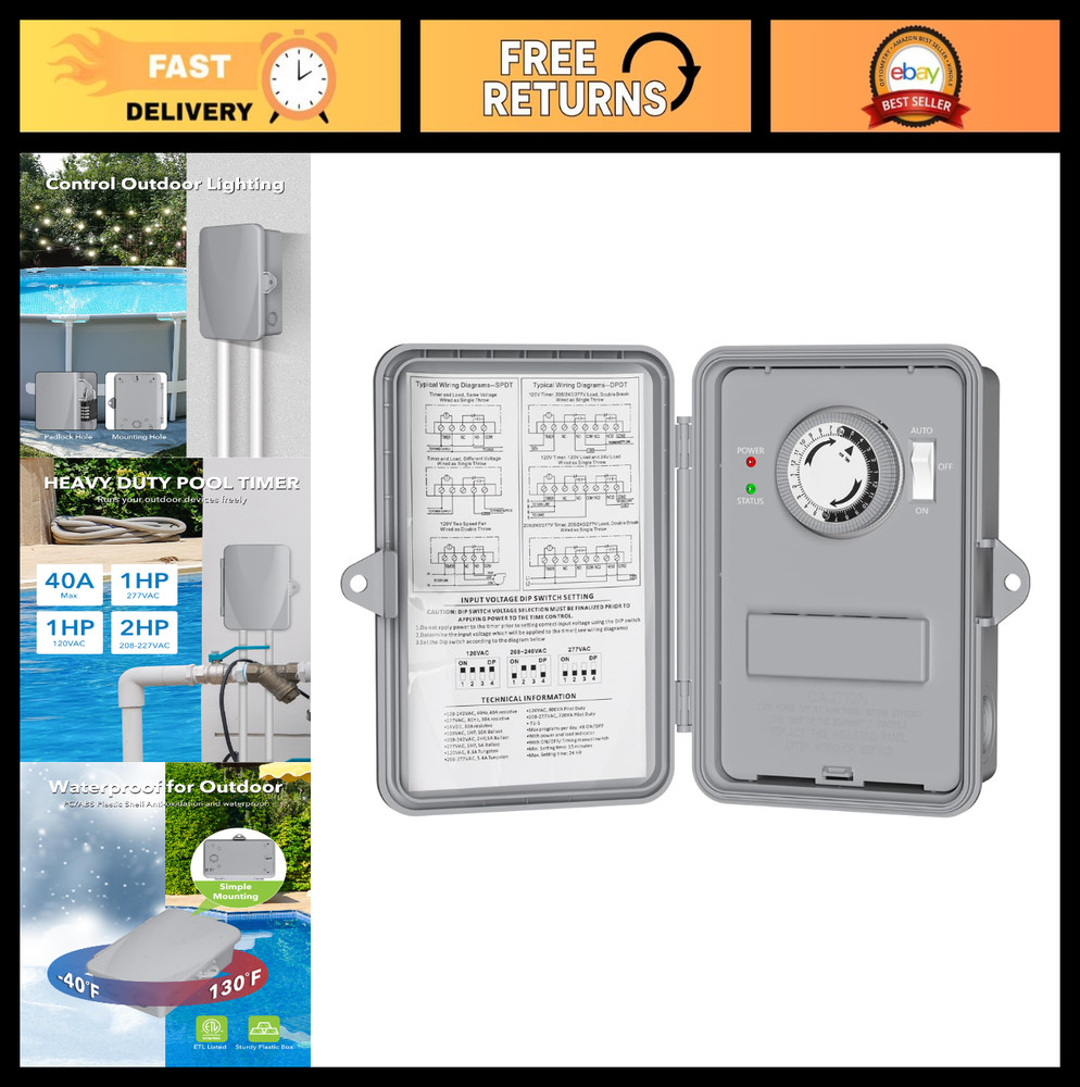 Heavy Duty 24-Hour Mechanical Timer Box for Pool Pump, Water Heater, Fans, SPA –