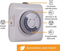 GE Mechanical Grounded Outlet Timer, Dual Plugs with 3 Prongs, 24 Hour Cycle