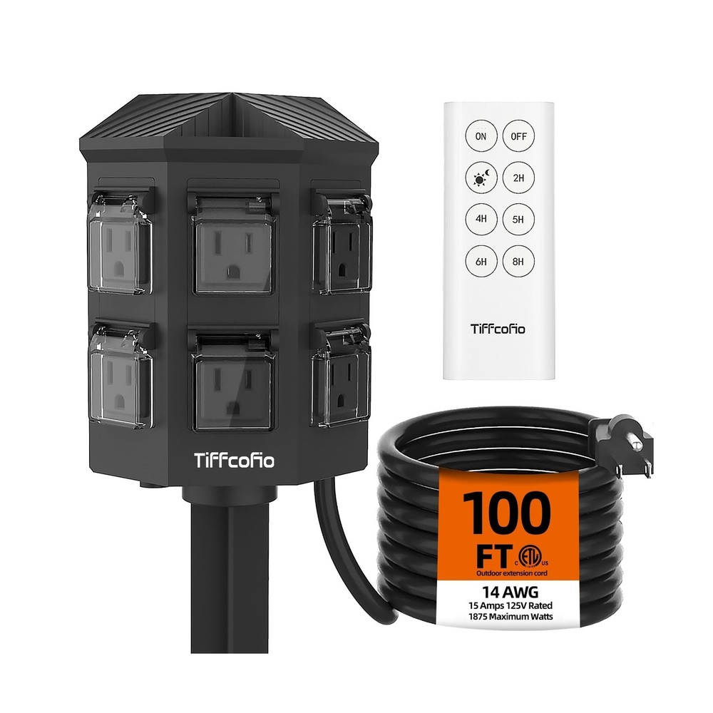 Outdoor Power Stake Timer Waterproof, 100FT Extension Cord, Remote Control Du…