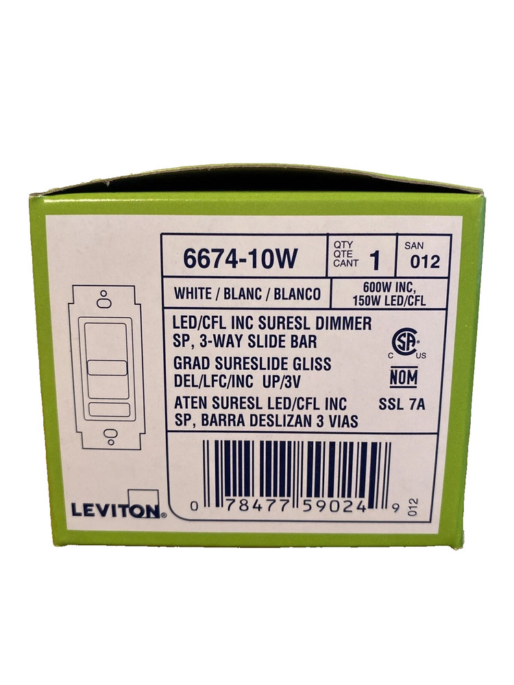 Leviton 6674-10W 3 Way Slide Dimmer Switch for Incandescent, CFL & LED – White