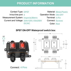 Inline Cord Switch DPST AC/DC 20A-125V 16A-250V IP66 ON-Off 2 Red Light