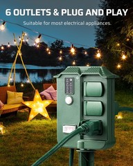 Outdoor Power Stake Timer with 6 Outlets, 100FT Remote Control, Waterproof, Dusk
