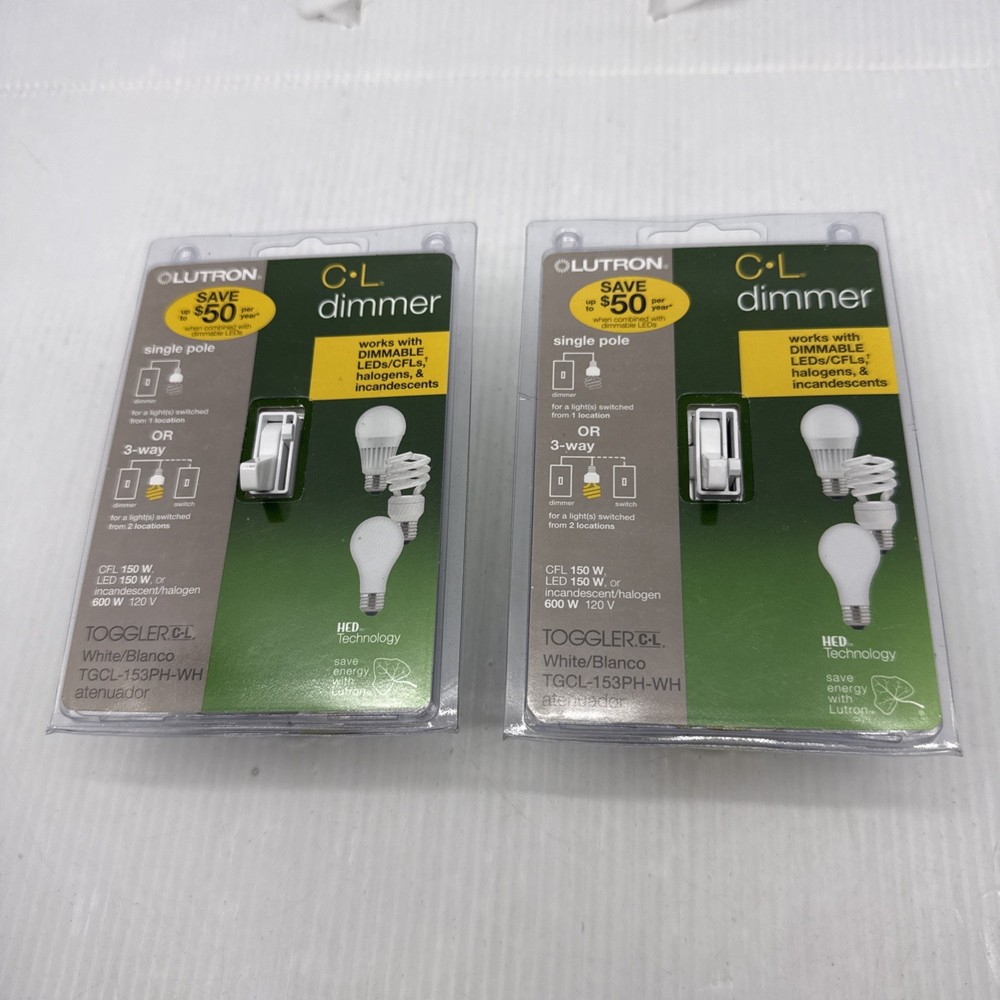 2x Lutron Toggler Dimmer Switch 150-Watt LED 1-Pole/3-Way TGCL-153PH-WH