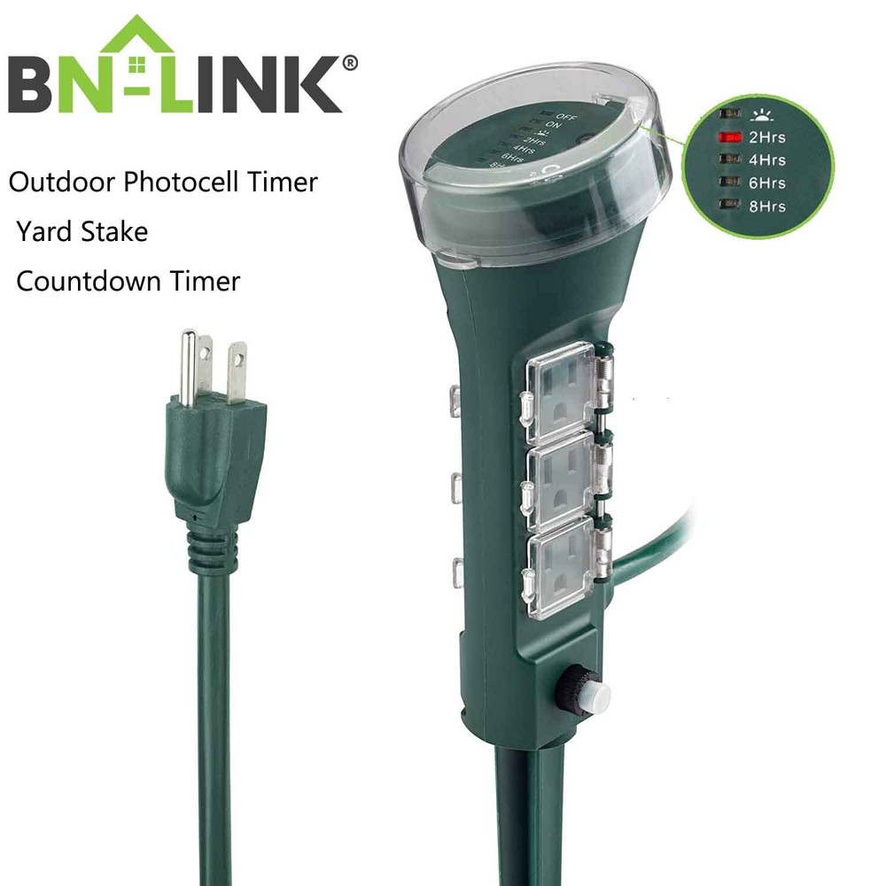 BN-LINK 2-8Hr Outdoor Power Strip Yard Stake Timer 6 Grounded Outlets Waterproof