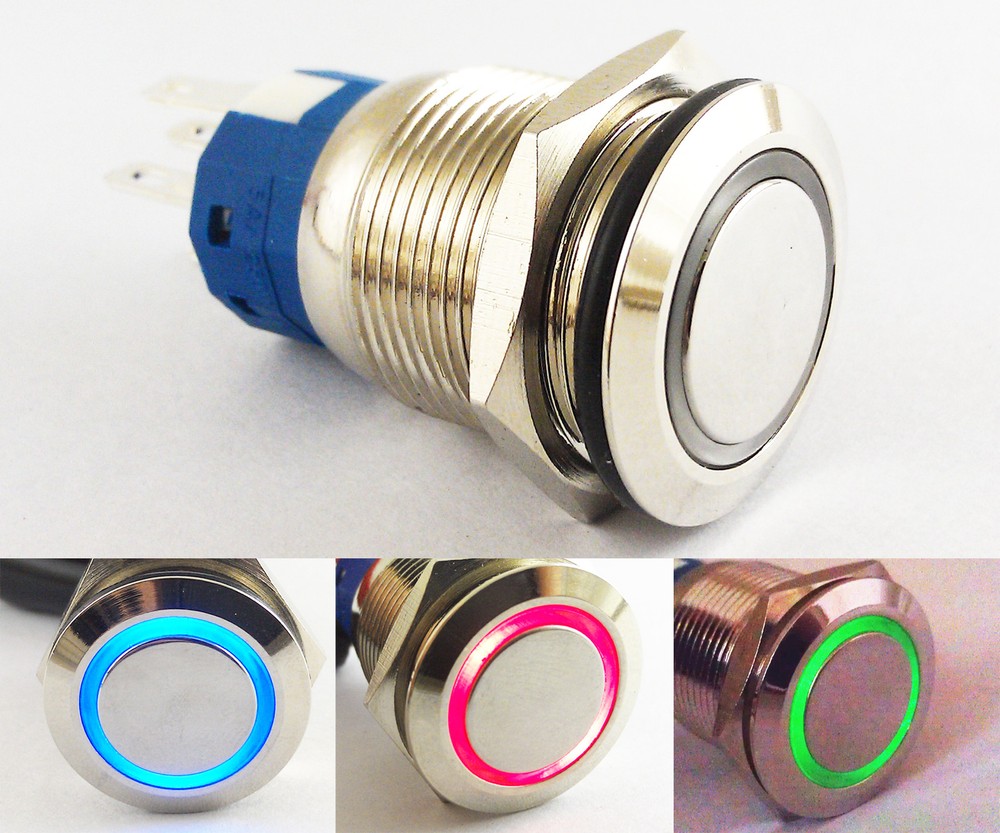 1pc 19mm Metal Momentary Switch Flat with Blue/Red/Green LED Ring illuminated