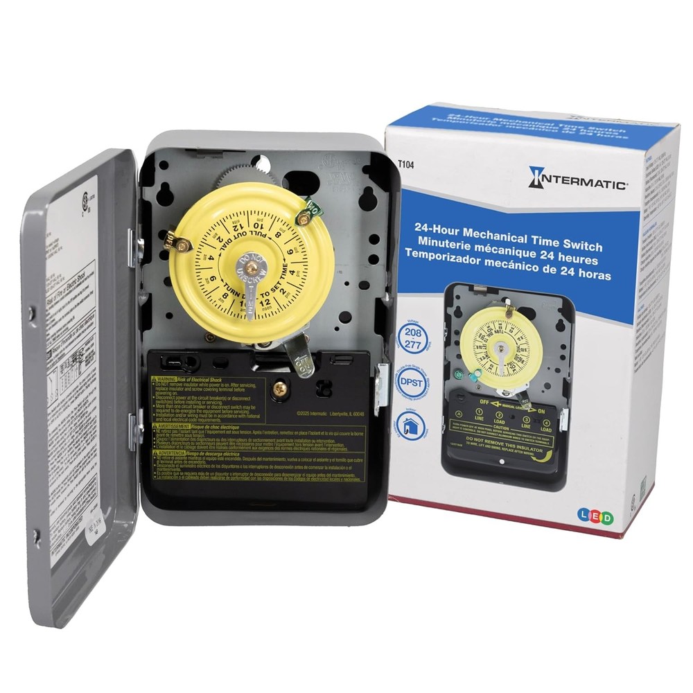 T104 24-Hour Mechanical Timer Switch – 208-277 VAC DPST Indoor Metal Enclosure
